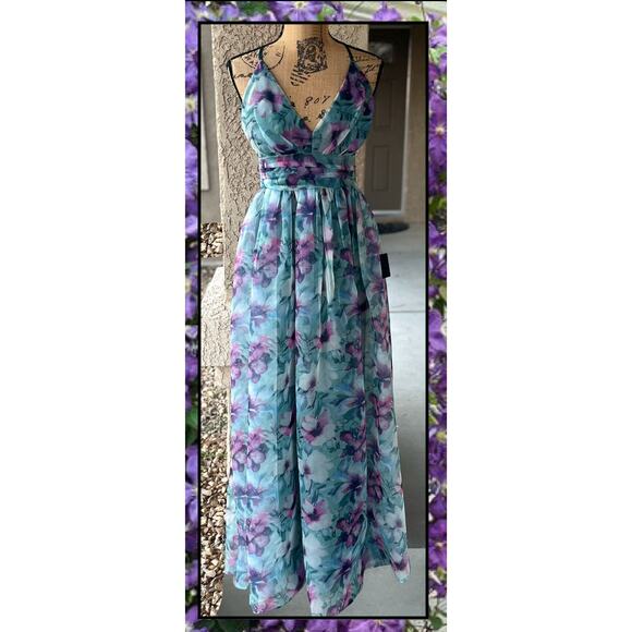 Lulus Romance That Wows Dark Teal Floral Print Organza Maxi Dress Size S - Picture 3 of 13